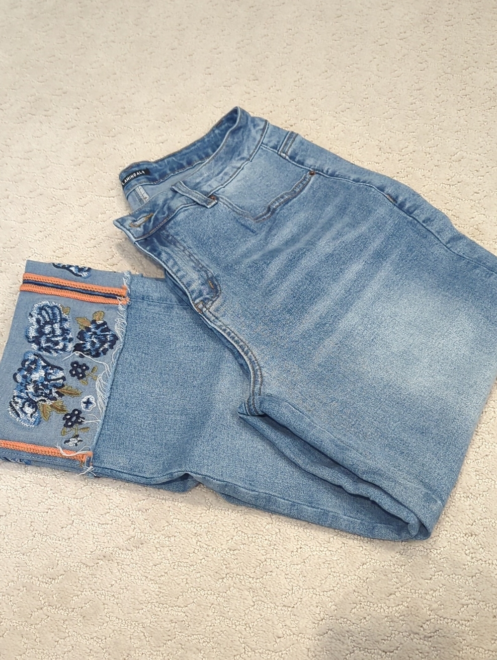 Flamingals Embroidered Cuff Light Blue Women's Jeans